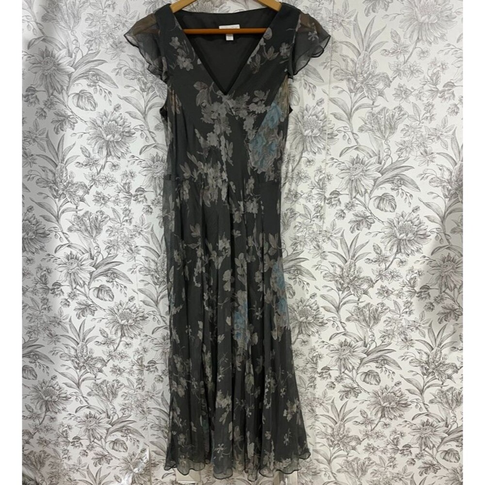 Vtg 100% Silk Floral Midi Dress Sz 10 Muted Gray Dainty Coquette